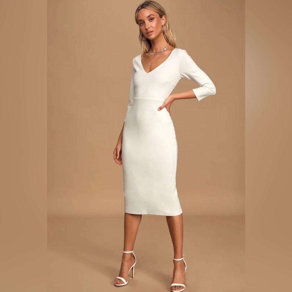 Dreams of Forever White Three-Quarter Sleeve Bodycon Midi Dress size S BNWT